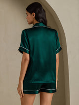 [Mørkegrøn] SilkSilky-DK Short Sleeve Lapel Collar Dame Pyjamas 002