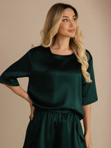 [Mørkegrøn] SilkSilky-DK Short Sleeve Round Neck Dame Pyjamas 005