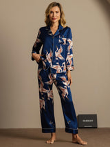 [Mørkeblå] SilkSilky-DK 19Momme Langærmet Notchkrage Dame Pyjamas 004