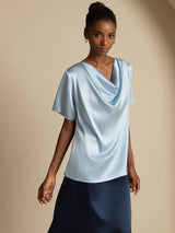 [Gråblå] SilkSilky-DK Short Sleeve Cowl Neck Damebluser 005