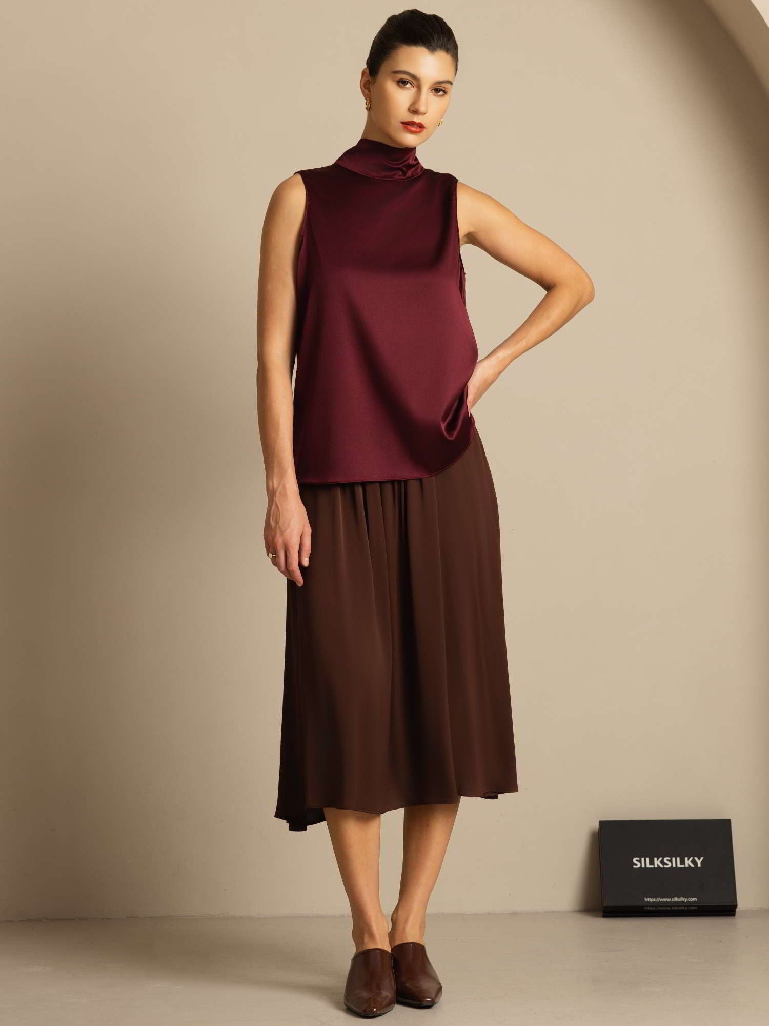 [Mørkerød] SilkSilky-DK 19Momme Silke Blouse 009