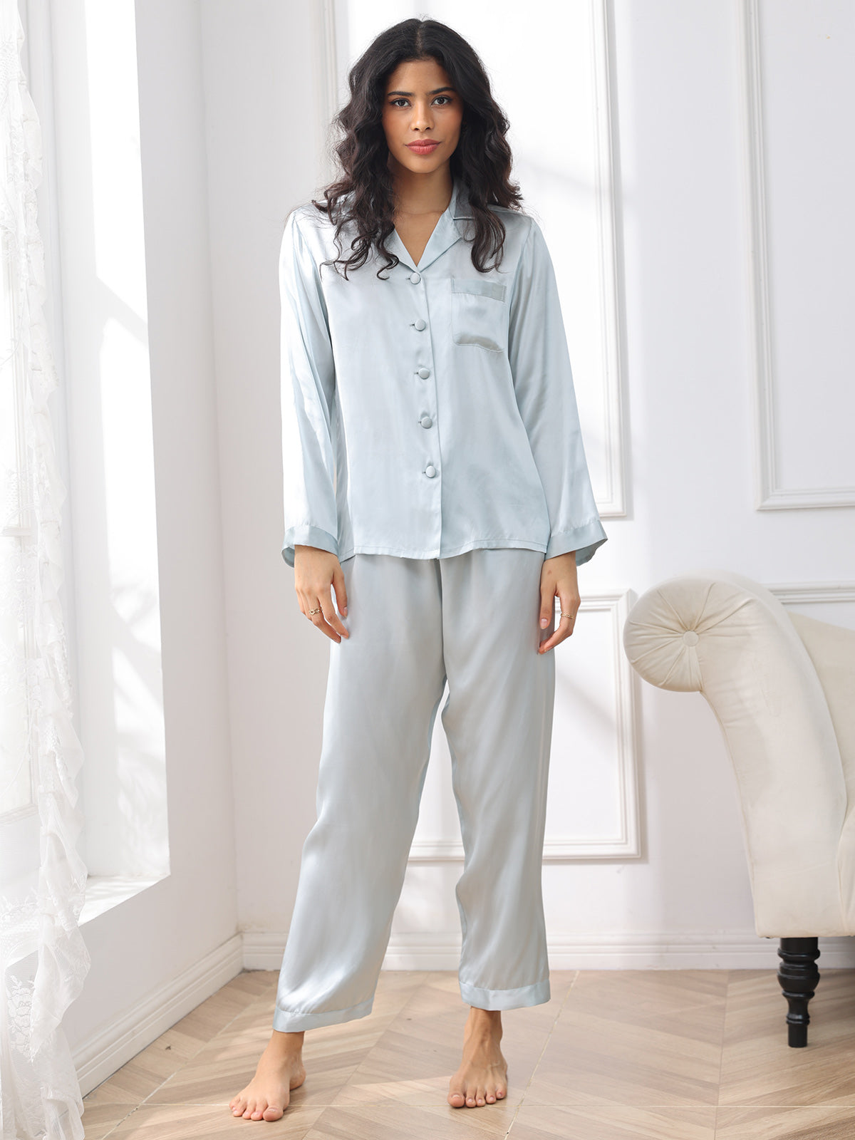 [Lyseblå] SilkSilky-DK Langærmet Notchkrage Dame Pyjamas 003