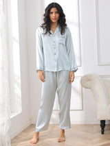 [Lyseblå] SilkSilky-DK Long Sleeve Lapel Collar Dame Pyjamas 003
