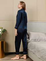 [Mørkeblå] SilkSilky-DK Langærmet Notchkrage Dame Pyjamas 004