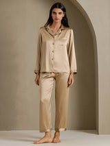 [Champagneguld] SilkSilky-DK Long Sleeve Lapel Collar Dame Pyjamas 003