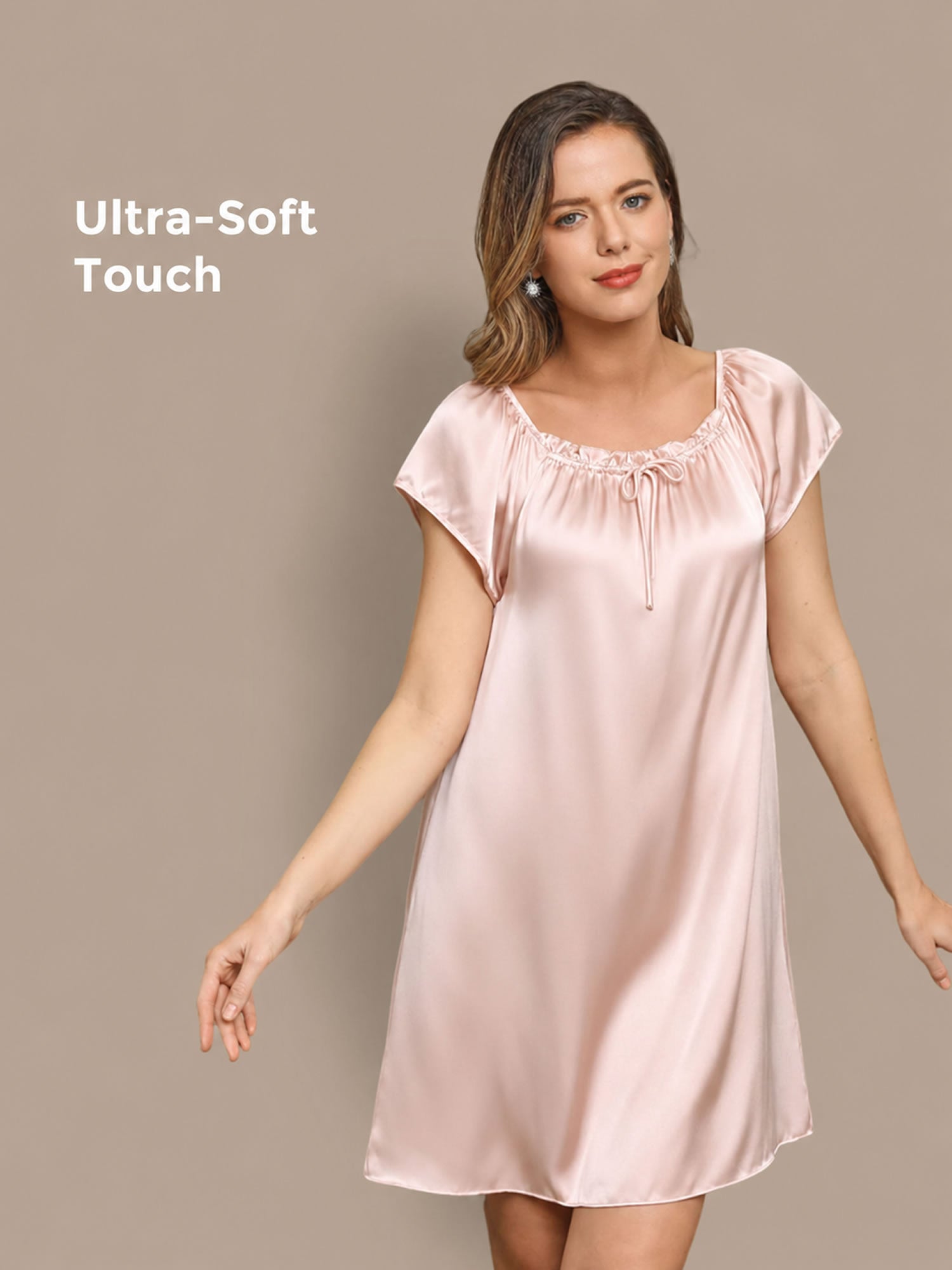 [Lys Pink] SilkSilky-DK Cap Sleeve Square Neck Natkjole 001