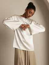 [Hvid] SilkSilky-DK Long Sleeve Boat Neck Bluse 004