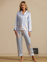 [Lyseblå] SilkSilky-DK 19Momme Langærmet Notchkrage Dame Pyjamas 005