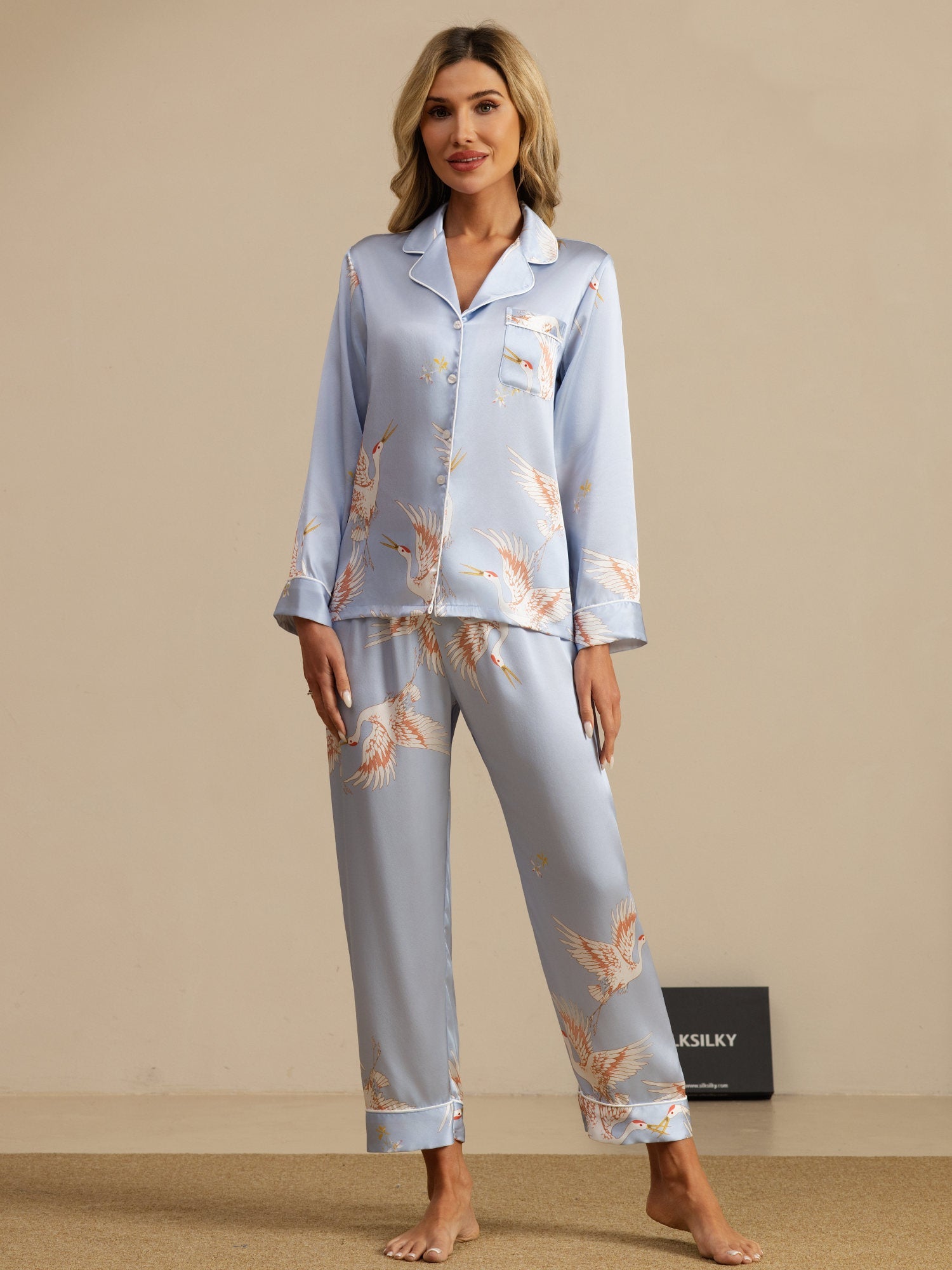 [Lyseblå] SilkSilky-DK 19Momme Langærmet Notchkrage Dame Pyjamas 001