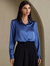 [Ægte Petrol] SilkSilky-DK Long Sleeve Lapel Collar Dameskjorte 003