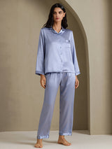 [Stål Blå] SilkSilky-DK Long Sleeve Lapel Collar Dame Pyjamas 001