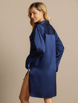 [Mørkeblå] SilkSilky-DK Long Sleeve Lapel Collar Soveskjorte 002