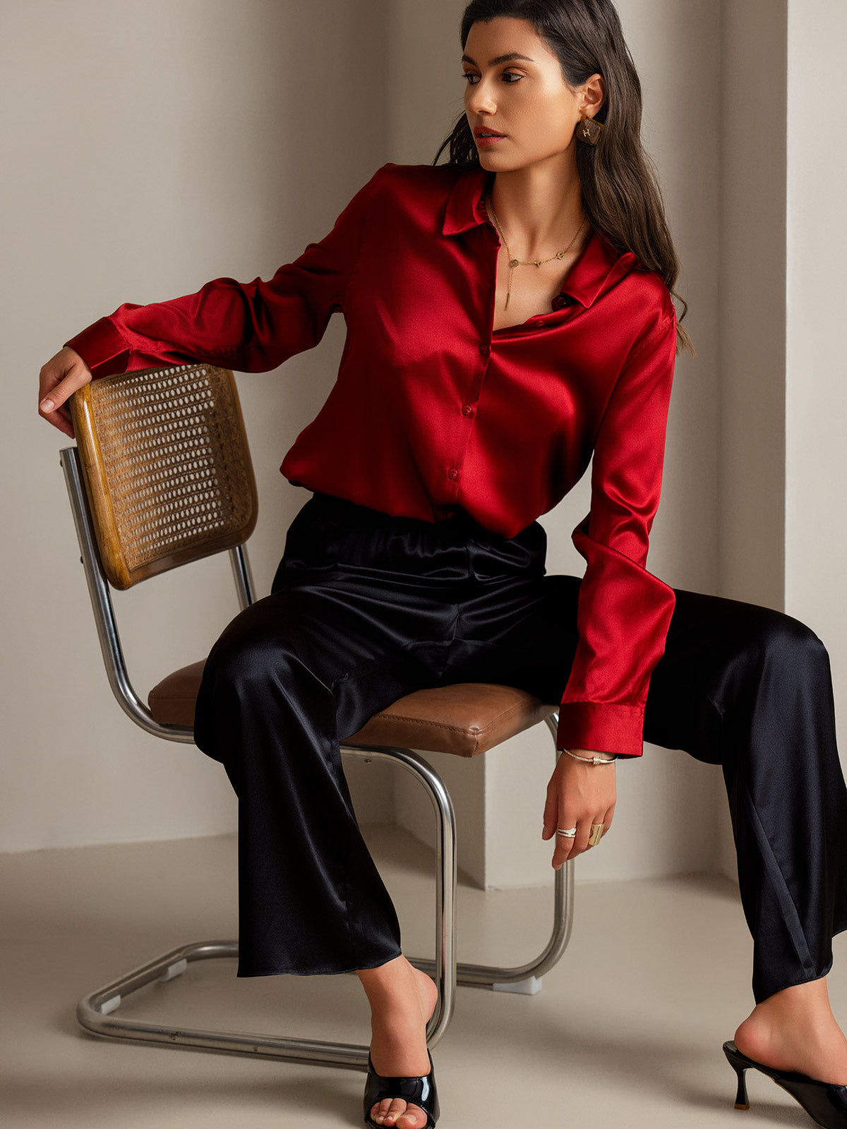 [Rød] SilkSilky-DK Long Sleeve Lapel Collar Dameskjorte 001