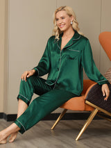[Grøn] SilkSilky-DK Long Sleeve Lapel Collar Dame Pyjamas 005