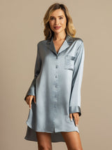 [Gråblå] SilkSilky-DK Long Sleeve Lapel Collar Soveskjorte 001
