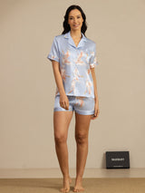 [Lyseblå] SilkSilky-DK 19Momme Kort ærme Notchkrage Dame Pyjamas 007