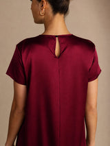 [Mørkerød] SilkSilky-DK Short Sleeve Crew Neck Kjole 003