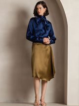 [Mørkeblå] SilkSilky-DK Long Sleeve High Neck Bluse 006