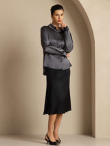 [Mørkegrå] SilkSilky-DK Long Sleeve Lapel Collar Dameskjorte 001