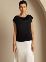 [Sort] SilkSilky-DK Cap Sleeve Cowl Neck T-shirt til kvinder 004