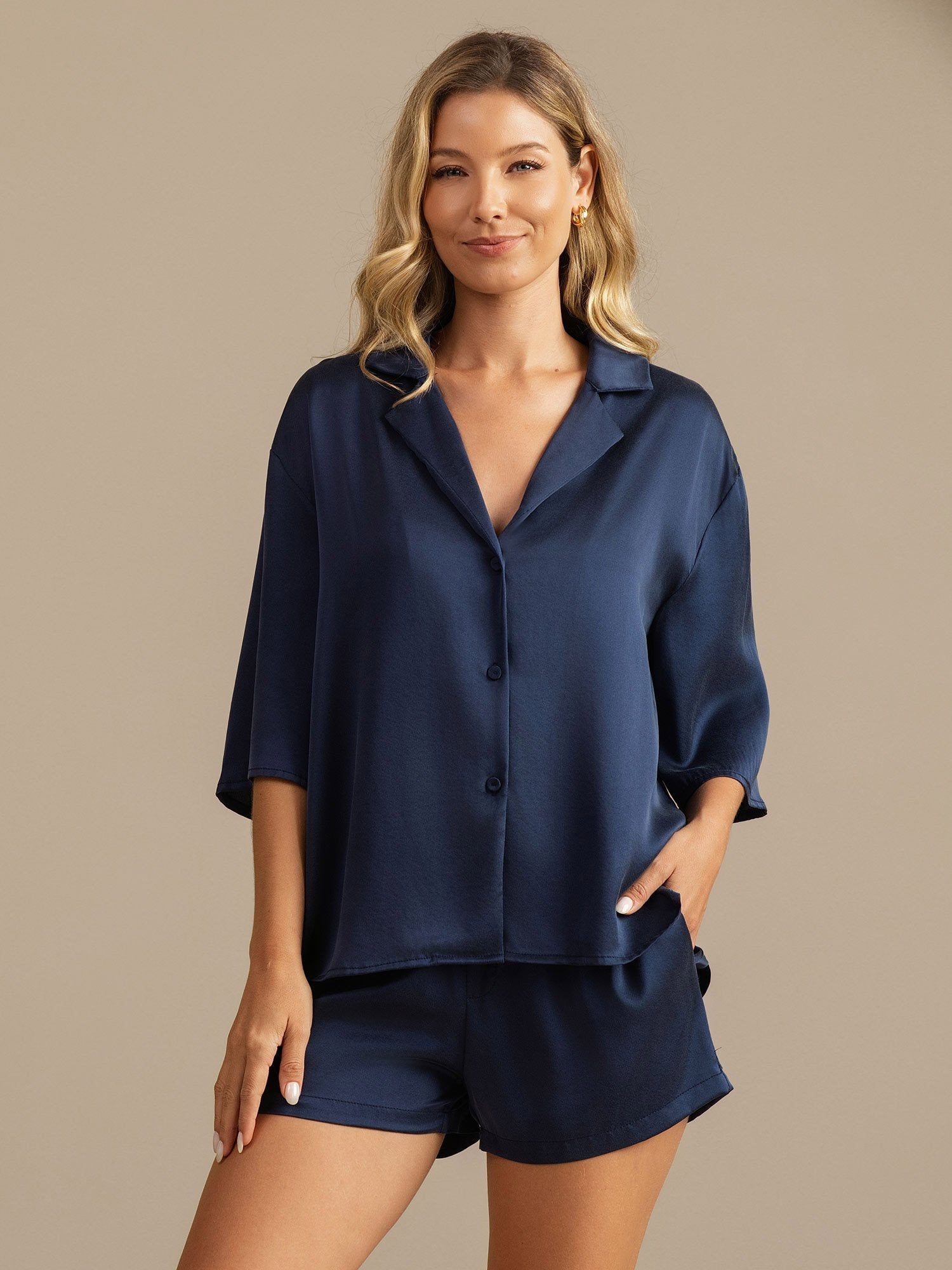 [Mørkeblå] SilkSilky-DK 19Momme Silke Womens Pajamas 001,