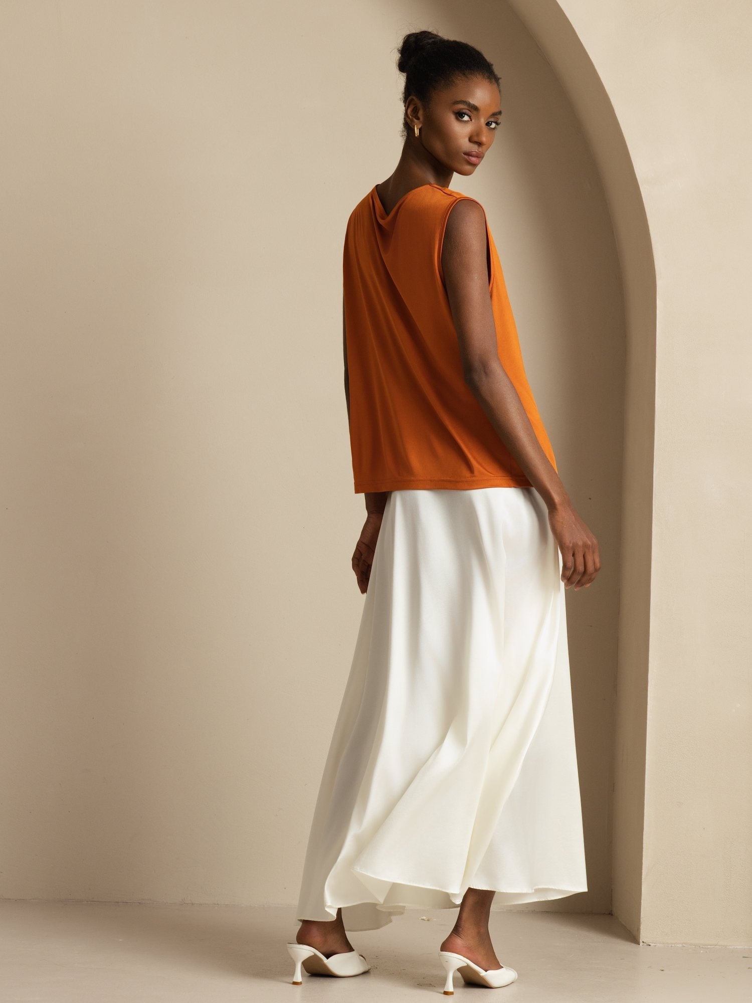 [Orange] SilkSilky-DK Ærmeløs Drapert halsutringning T-shirt til kvinder 002