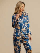 [Navy Drage] SilkSilky-DK Long Sleeve Lapel Collar Dame Pyjamas 005