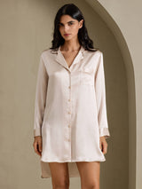 [Beige] SilkSilky-DK Long Sleeve Lapel Collar Soveskjorte 001