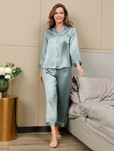 [Lyseblå] SilkSilky-DK Langærmet Notchkrage Dame Pyjamas 001