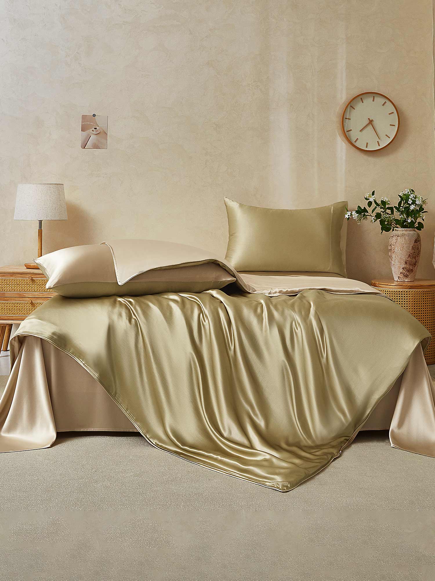 [Beige+Kaki] SilkSilky-DK 19Momme Bedding Set 002,