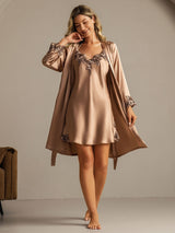 [Brun] SilkSilky-DK 3/4 Sleeve V Neck Natkjole & Morgenkåbe Sæt 009