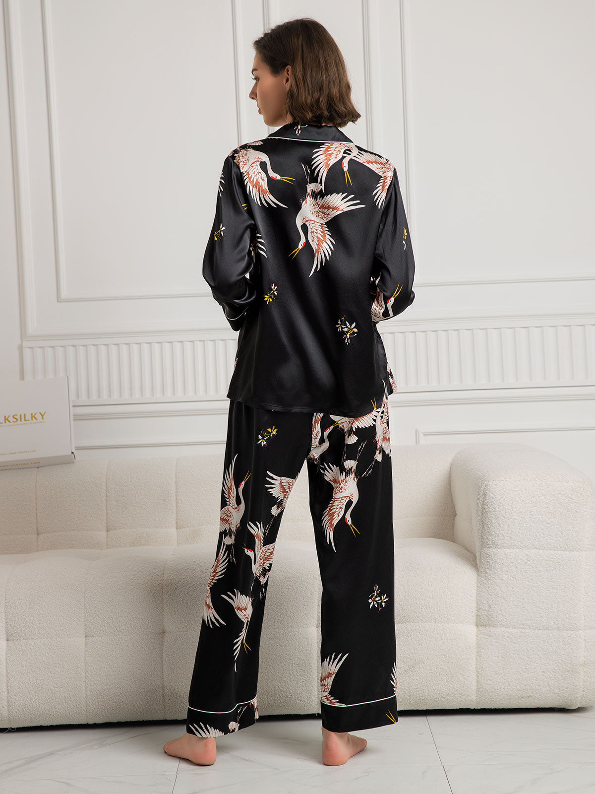 [Sort] SilkSilky-DK 19Momme Langærmet Notchkrage Dame Pyjamas 002