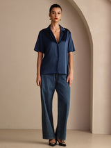 [Mørkeblå] SilkSilky-DK Short Sleeve Lapel Collar Dameskjorte 006