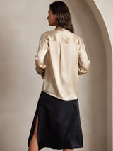 [Champagne] SilkSilky-DK 19Momme Langærmet Bindekrage Bluse 002