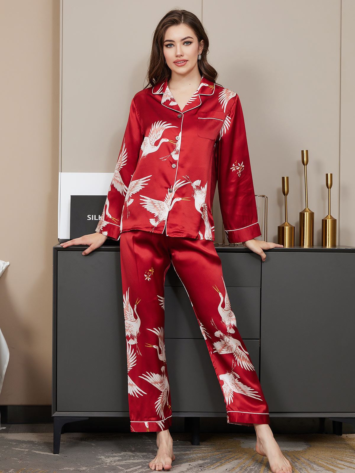 [Mørkerød] SilkSilky-DK 19Momme Langærmet Notchkrage Dame Pyjamas 003