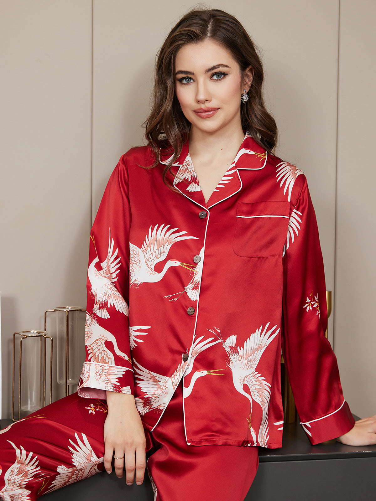 [Mørkerød] SilkSilky-DK 19Momme Langærmet Notchkrage Dame Pyjamas 005