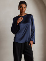[Mørkeblå] SilkSilky-DK Long Sleeve Boat Neck Bluse 003