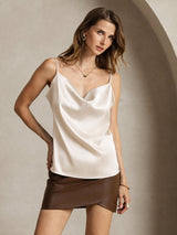 [Beige] SilkSilky-DK Spaghetti Strap Cowl Neck Camisole Top 001