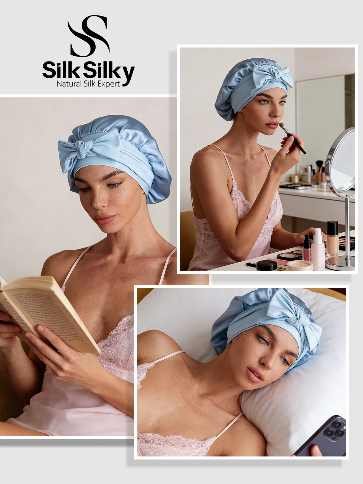 [Himmelblå] SilkSilky-DK Silke Sleep Cap 005