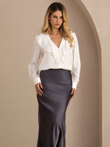 [Hvid] SilkSilky-DK Long Sleeve Deep V Neck Damebluser 003