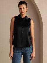 [Sort] SilkSilky-DK Sleeveless Lapel Collar Dameskjorte 003