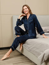 [Mørkeblå] SilkSilky-DK Langærmet Notchkrage Dame Pyjamas 003