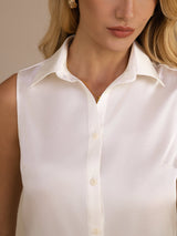 [Hvid] SilkSilky-DK Sleeveless Lapel Collar Dameskjorte 004
