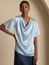 [Gråblå] SilkSilky-DK Short Sleeve Cowl Neck Damebluser 001