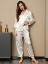 [Hvid] SilkSilky-DK Long Sleeve Lapel Collar Dame Pyjamas 004
