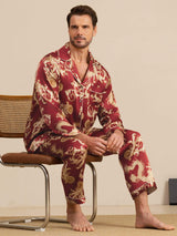 [Vinrød Drage] SilkSilky-DK Long Sleeve Notch Collar Pyjamas til Mænd 005