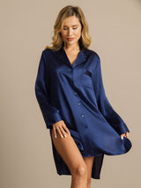 [Mørkeblå] SilkSilky-DK Long Sleeve Lapel Collar Soveskjorte 003