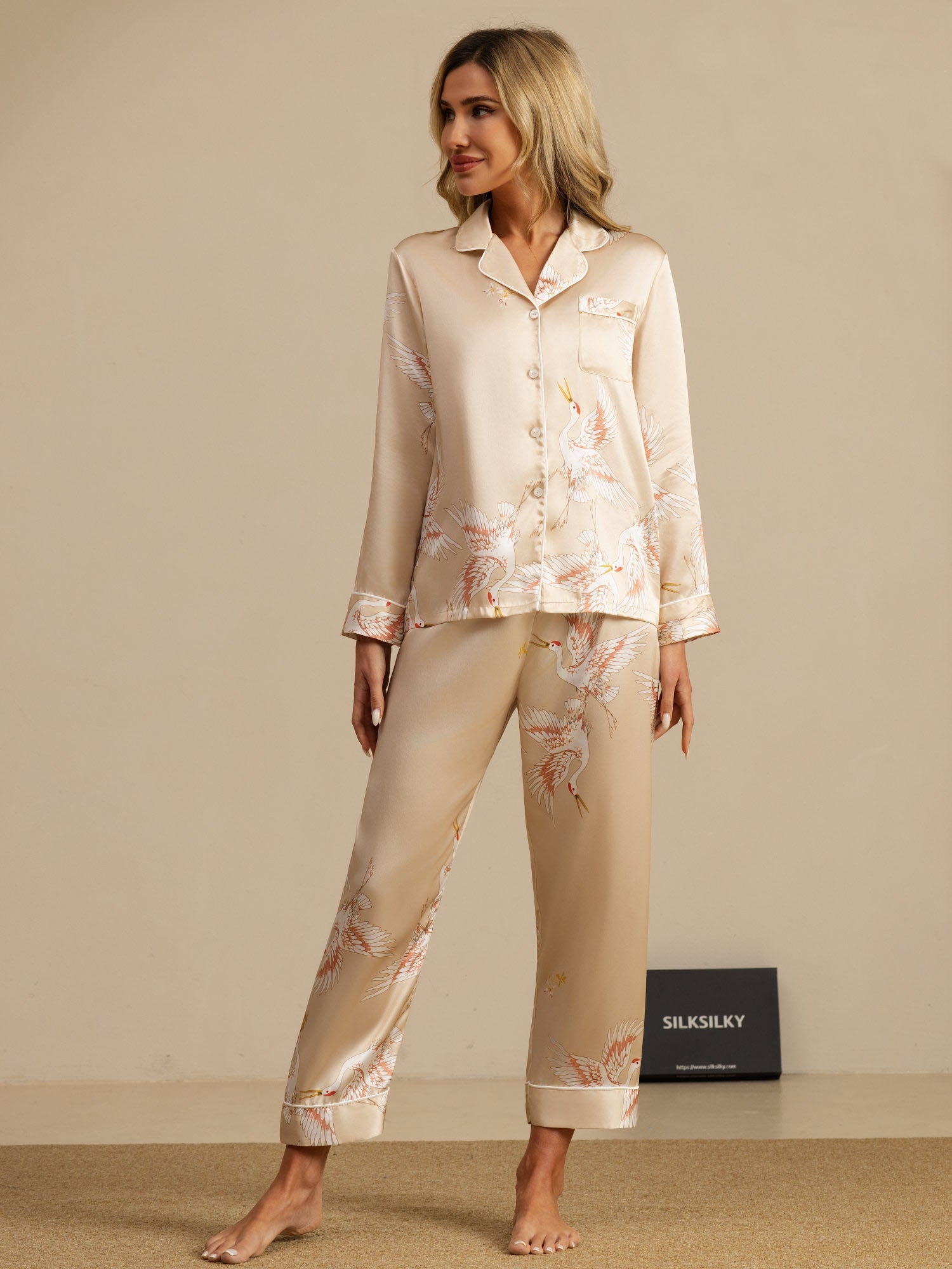[Champagne] SilkSilky-DK 19Momme Langærmet Notchkrage Dame Pyjamas 001