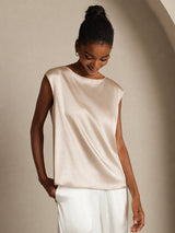 [Beige] SilkSilky-DK Cap Sleeve Round Neck T-shirt til kvinder 006