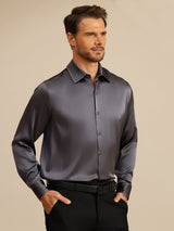 [Mørkegrå] SilkSilky-DK Long Sleeve Lapel Collar Herreskjorte 001